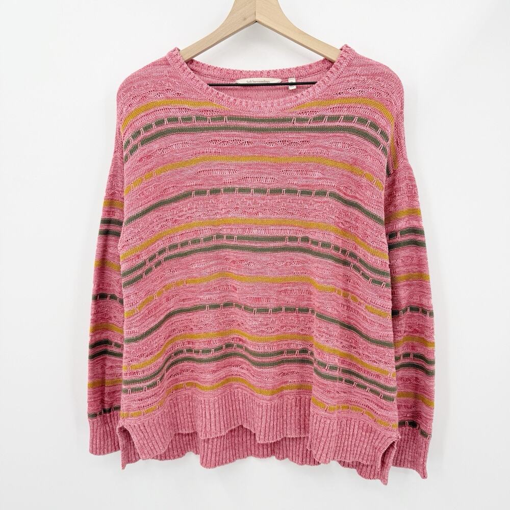 Soft Surroundings Pink Striped Knit Sweater Pullover Cotton PL Cozycore Pastel‎